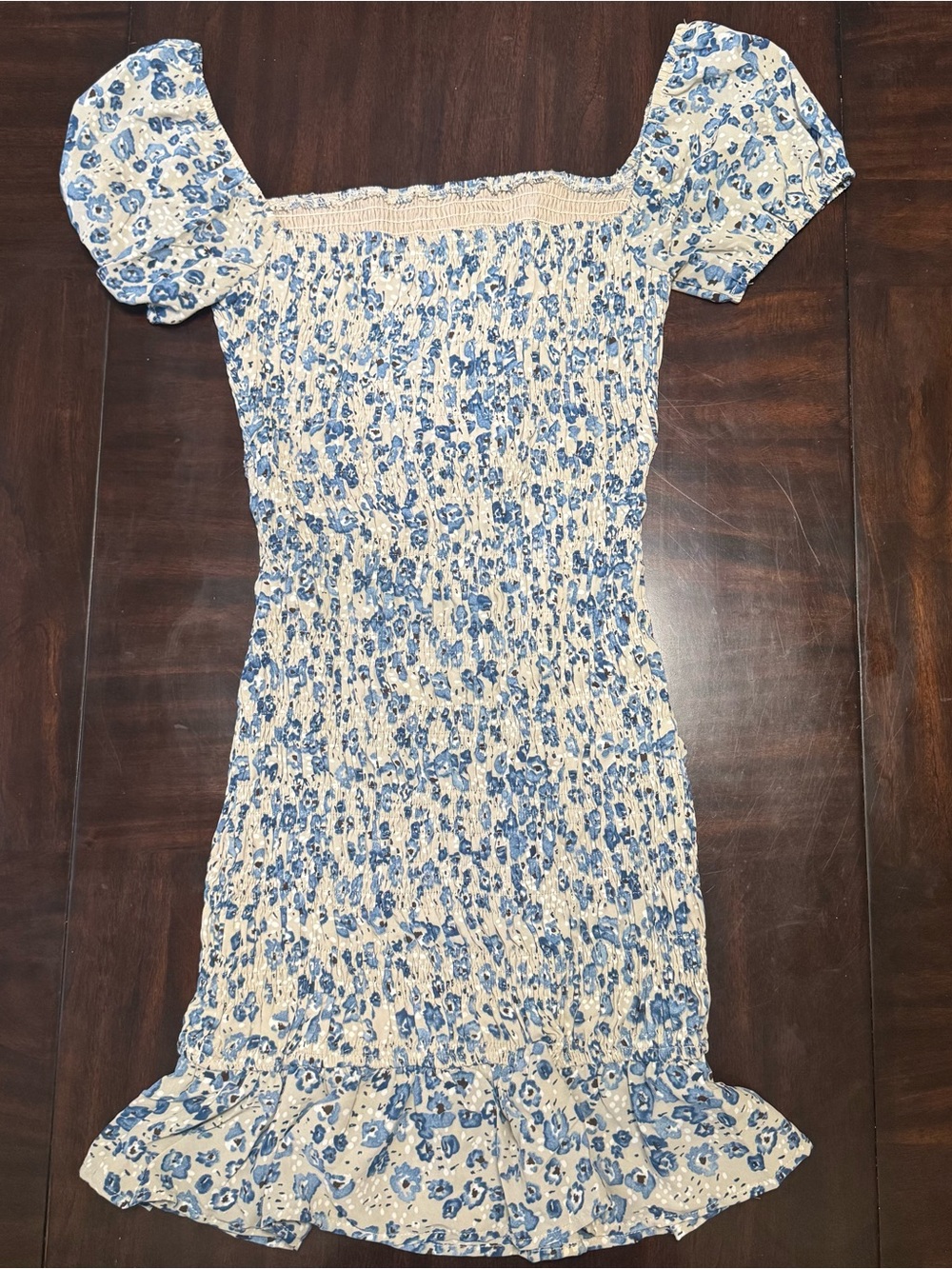Smocked Blue Floral Puff-Sleeve Dress
